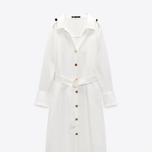 Zara White Long Sleeve Belted Dress